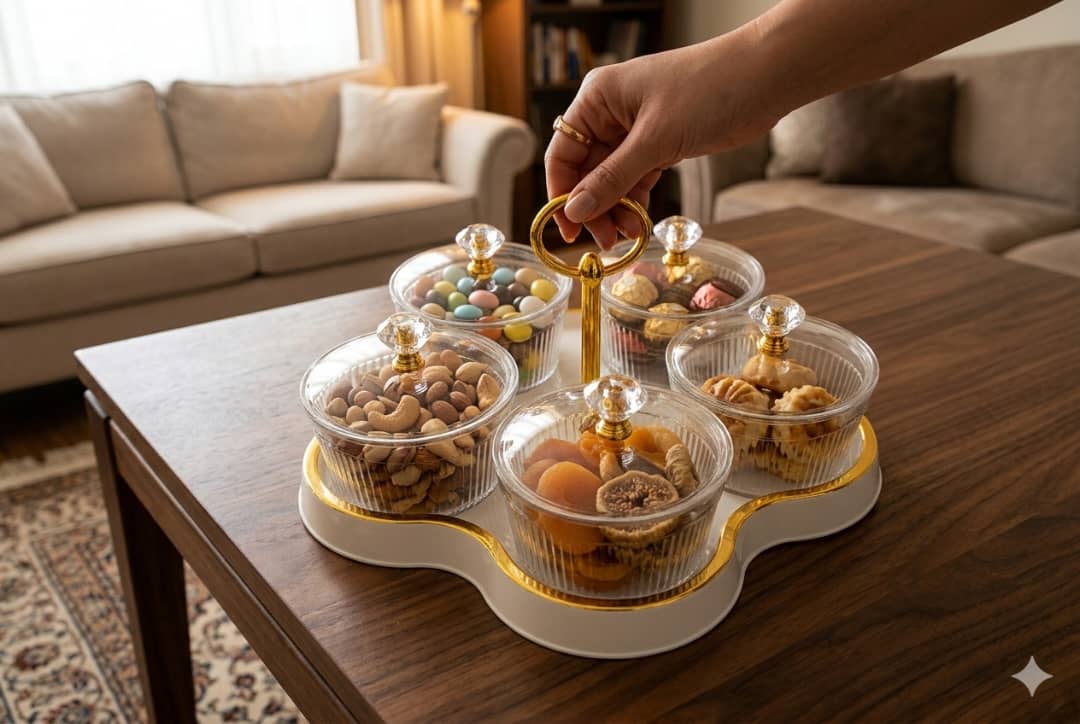 طقم صحن اكرليك بخط ذهبي بشيال ذهبي