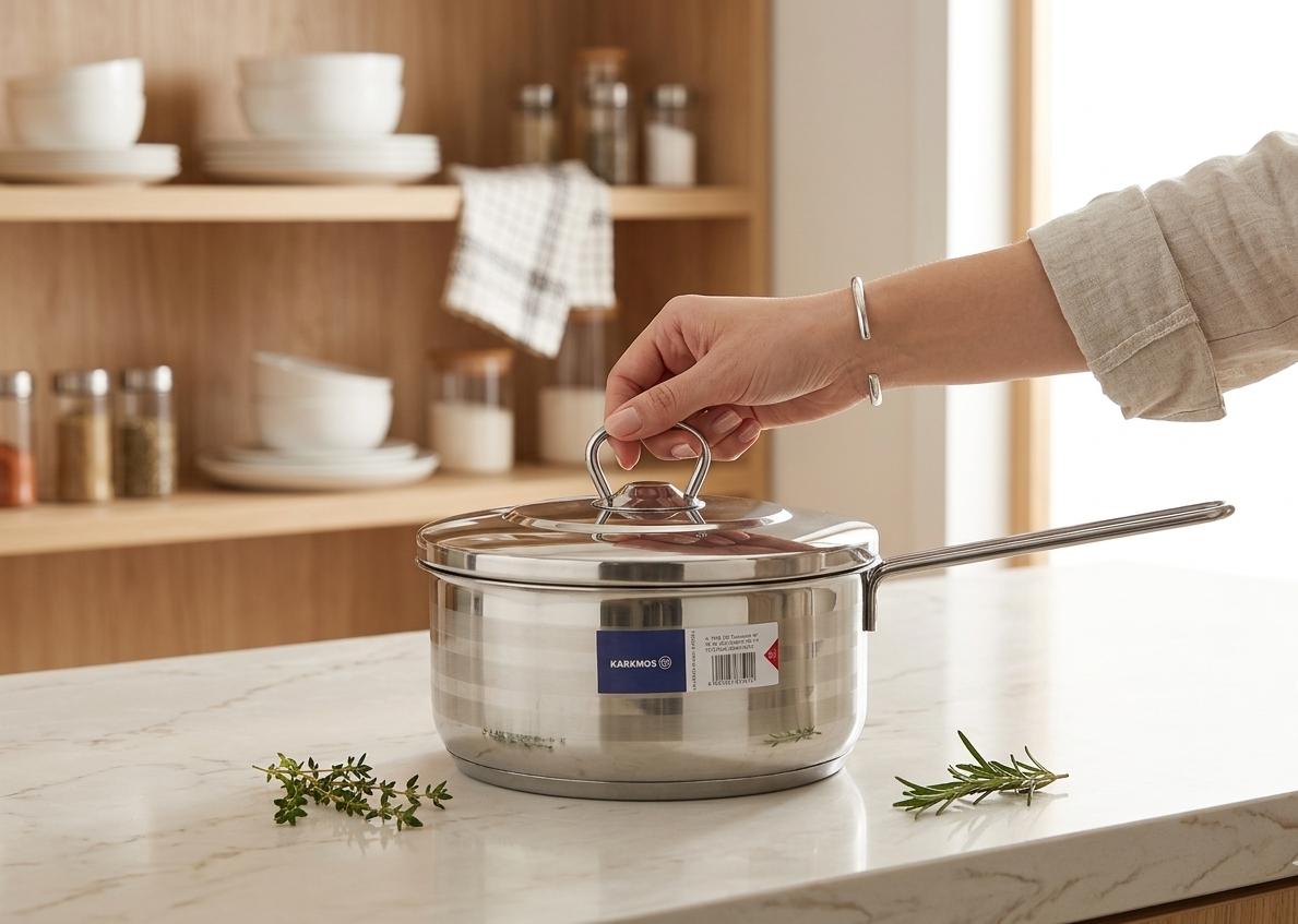 قدر ستيل مع مسكة طويلة وغطاء ستيل ويدين مطرق KARKMOS Astra