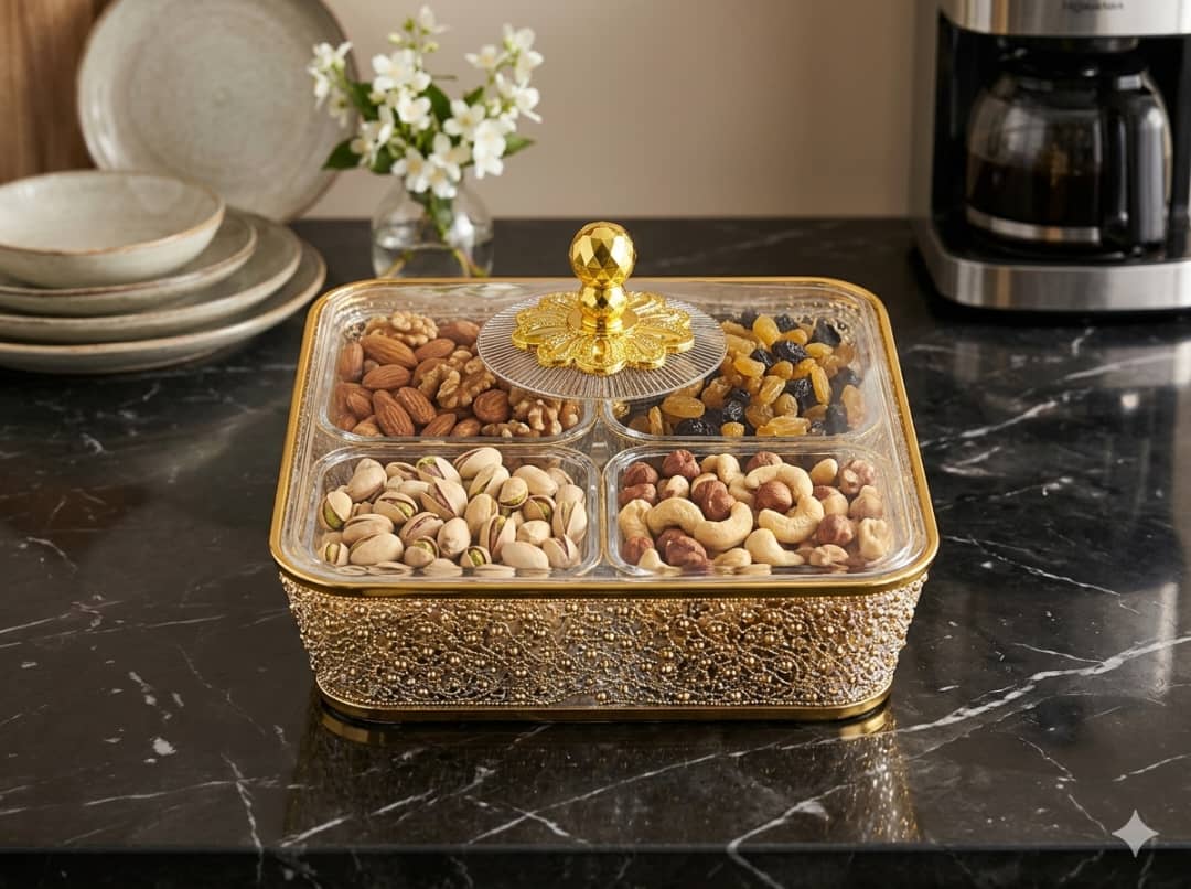 طقم صحن تقديم حلويات اكرليك شفاف منقط ذهبي مع 4مطايب باغطية