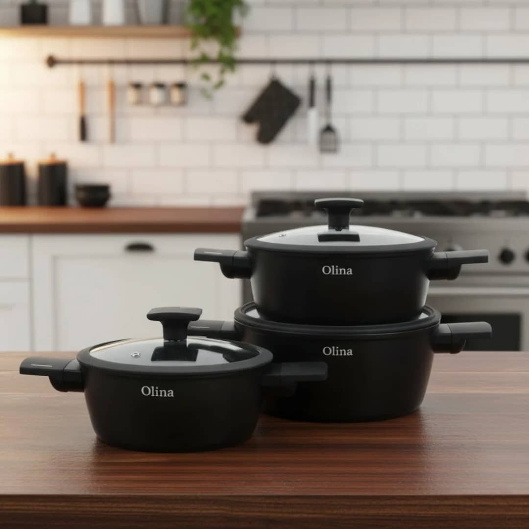 طقم قدور جرانيت اسود بيدين وغطاء زجاج 6 قطع اولينا AZ-3440