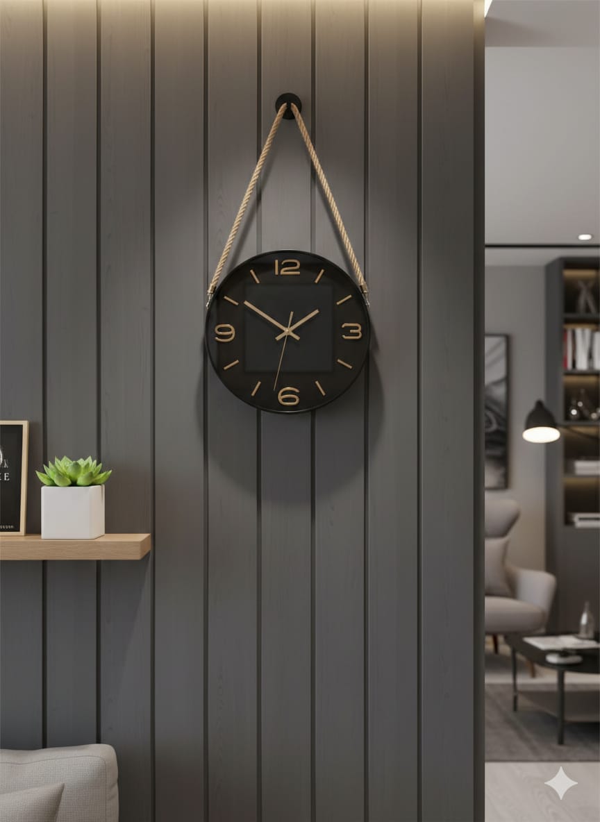 ساعة حائط اسود مدور ارقام ذهبي تعليقة حبل AZ-3421