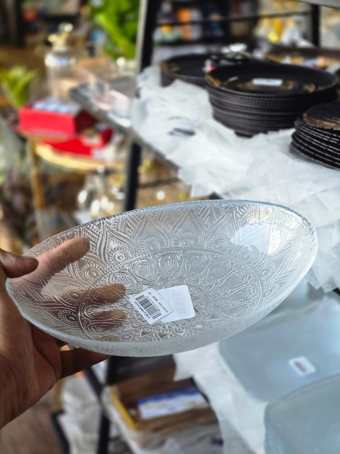 صحن تقديم زجاج بيضاوي عميق منقوش AK-1687