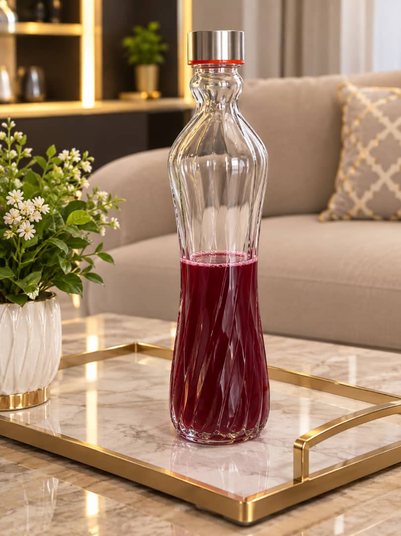 علبة مشروبات زجاج مخطط -غطاء ستيل 1000مل AZ-3163-3162