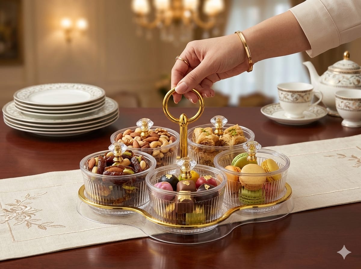 طقم صحن اكرليك بخط ذهبي بشيال ذهبي